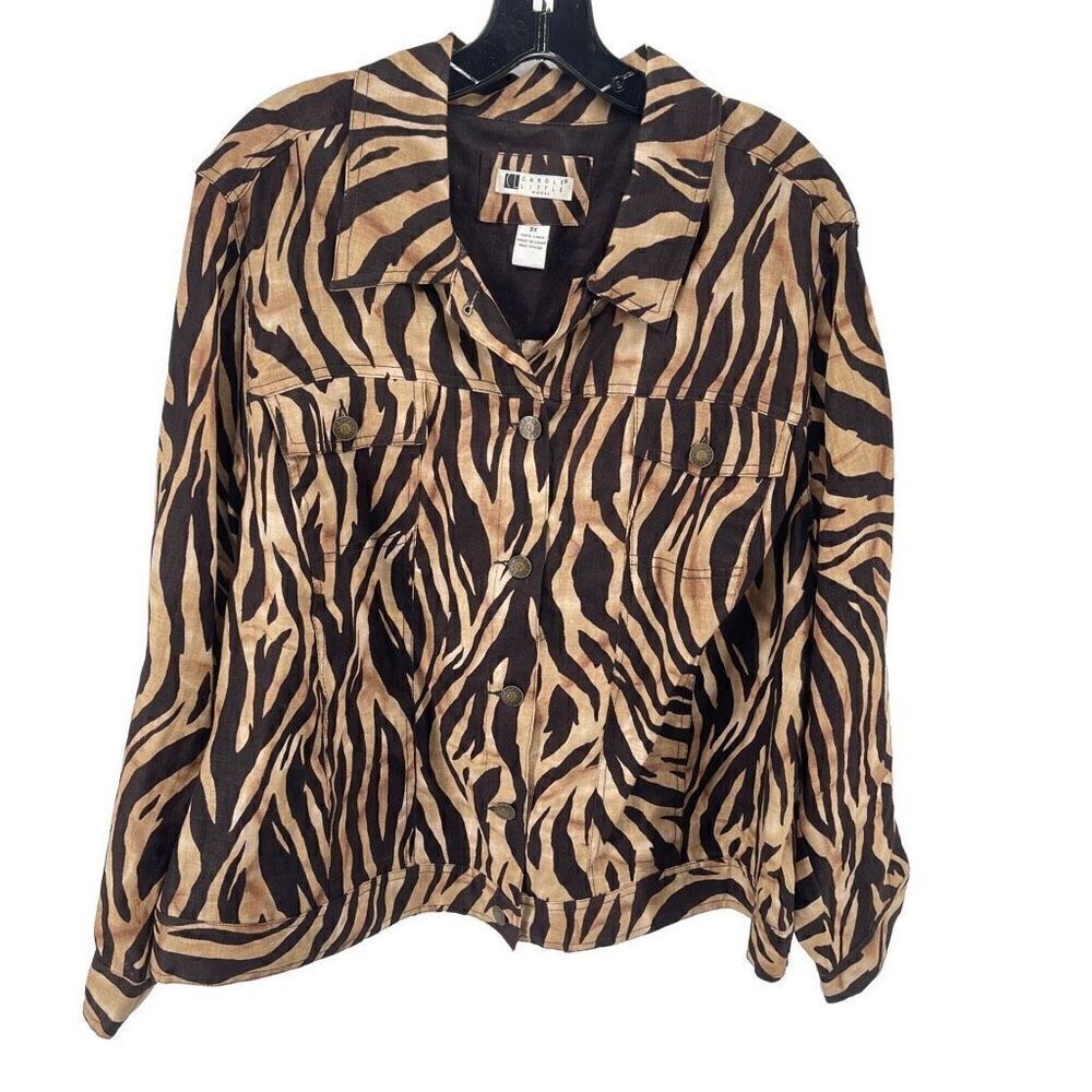 Carole Little Womens Button Up Shirt Long Sleeve Linen Animal Print Brown 3X